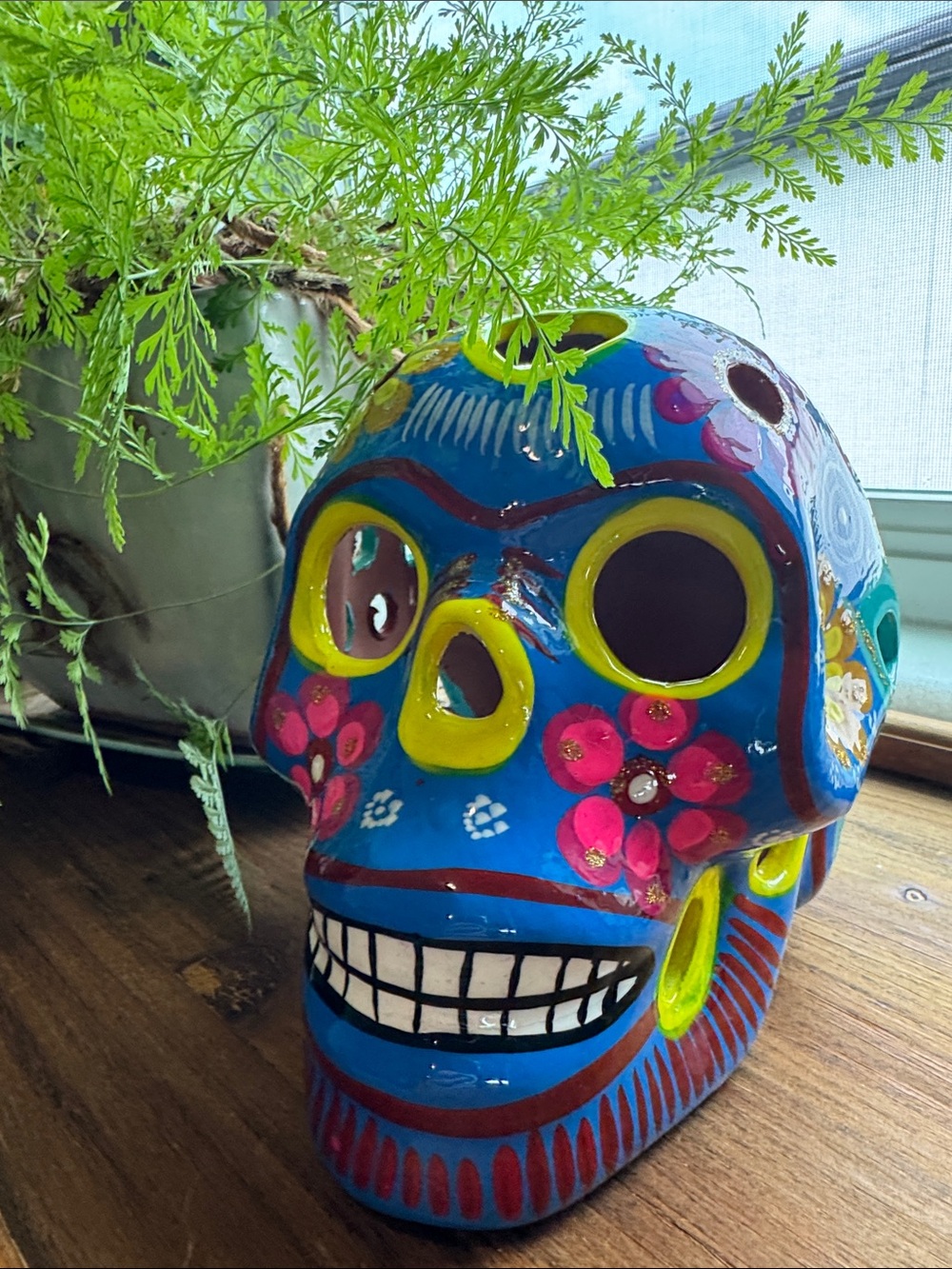 Colorful Blue Ceramic Sugar Skull Vase - Hand-Painted Home Accent